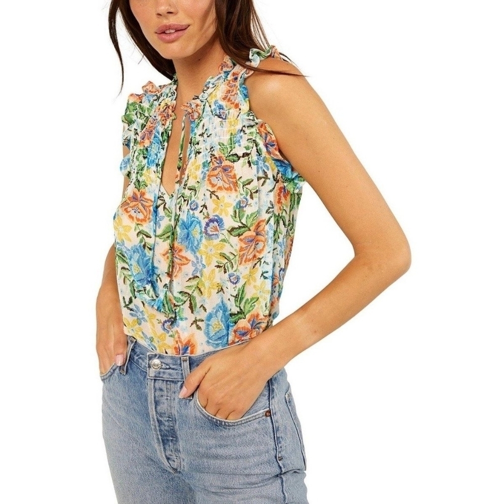MISA Colorful Floral Sheer Chiffon Ruffle Sleeveless V-Neck Agot Top Tropical